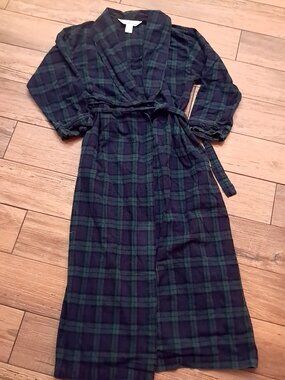 The Vermont Country Store Robe men's sz S SMALL Flannel green navy blue Plaid
